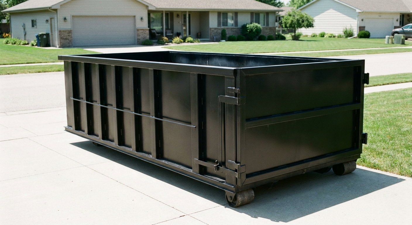 Matte-black 10-yard roll-off dumpster on a residential concrete driveway in Pomona, uniformly painted matte black across every panel and rail, ribbed steel sidewalls and rear swing door visible, mid-day daylight.