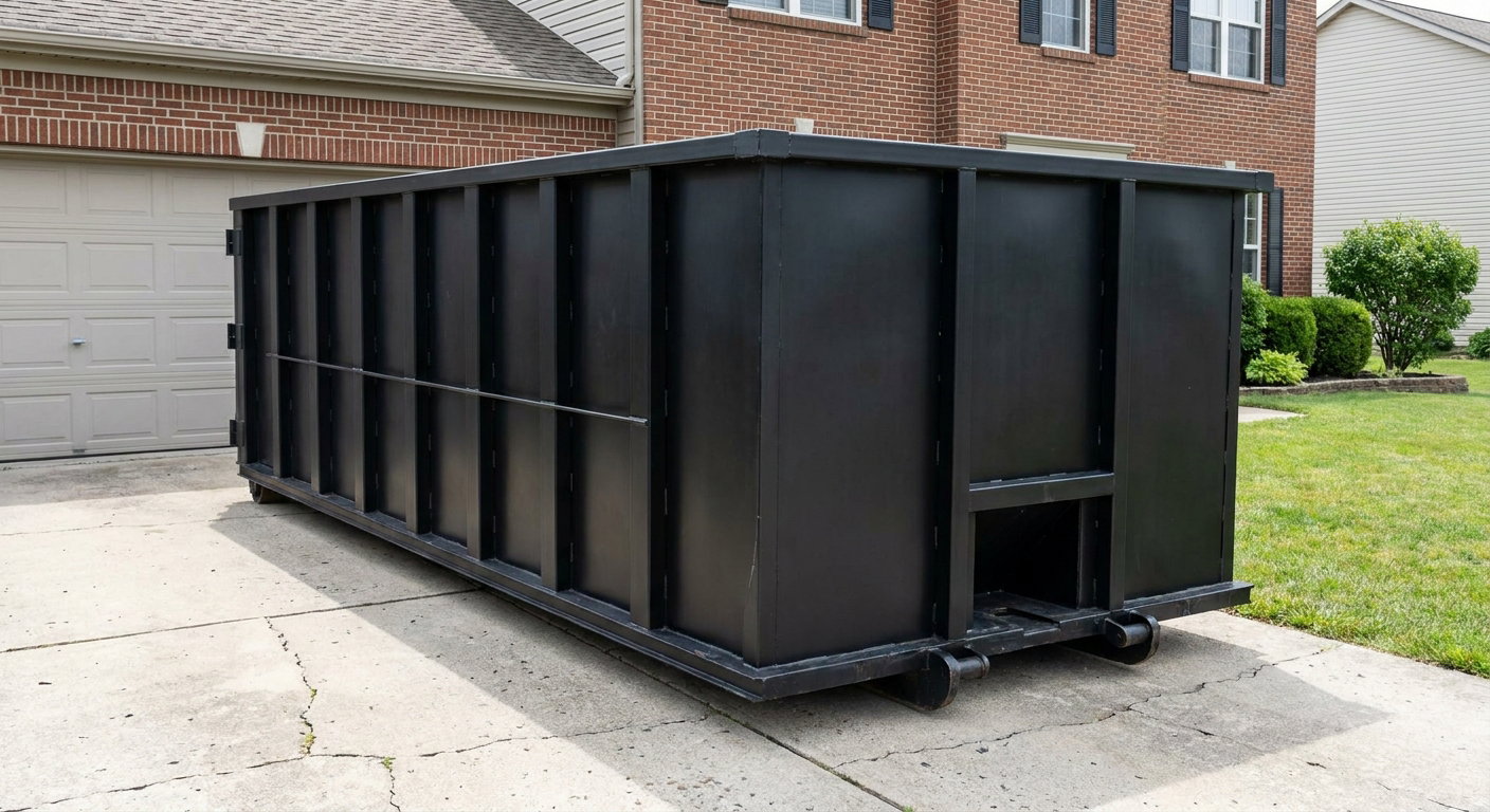 Matte-black 20-yard roll-off container on a Pomona residential concrete driveway with reinforced ribbed steel sidewalls and a hinged rear walk-in door, clean bright daylight.