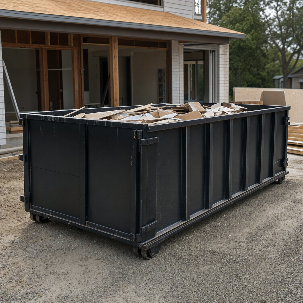 Large matte-black 30-yard construction roll-off dumpster at an active Pomona jobsite, steel-gray top rails and bottom rollers visible, loaded with construction debris.
