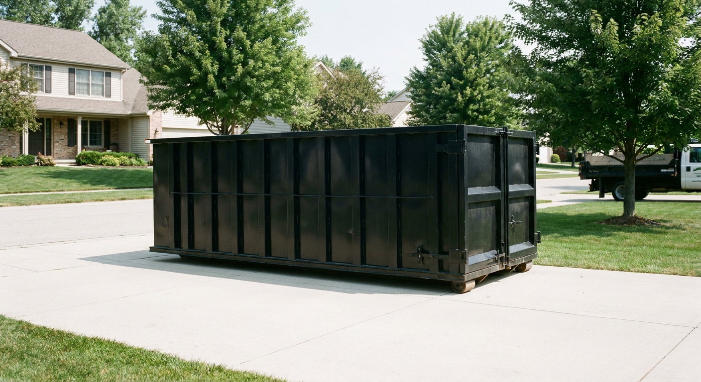 Matte-black 20-yard roll-off dumpster sitting level on a clean Pomona residential concrete driveway under bright daylight, demonstrating clean placement directly on the concrete.
