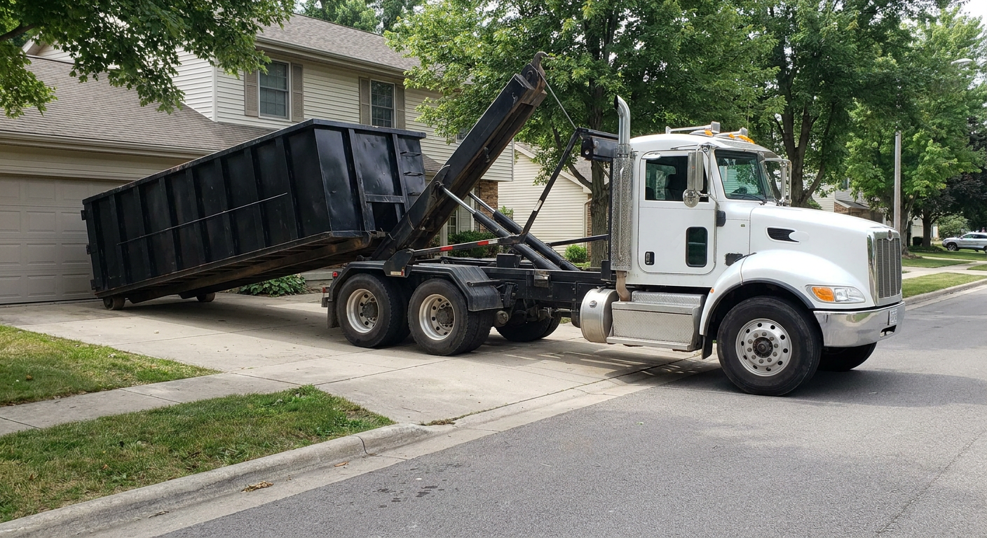White-cab hooklift roll-off truck actively lowering a matte-black dumpster onto a Pomona residential concrete driveway, the dumpster's rear wheels touching the driveway as the hoist arm tilts the bed forward, mid-morning daylight.