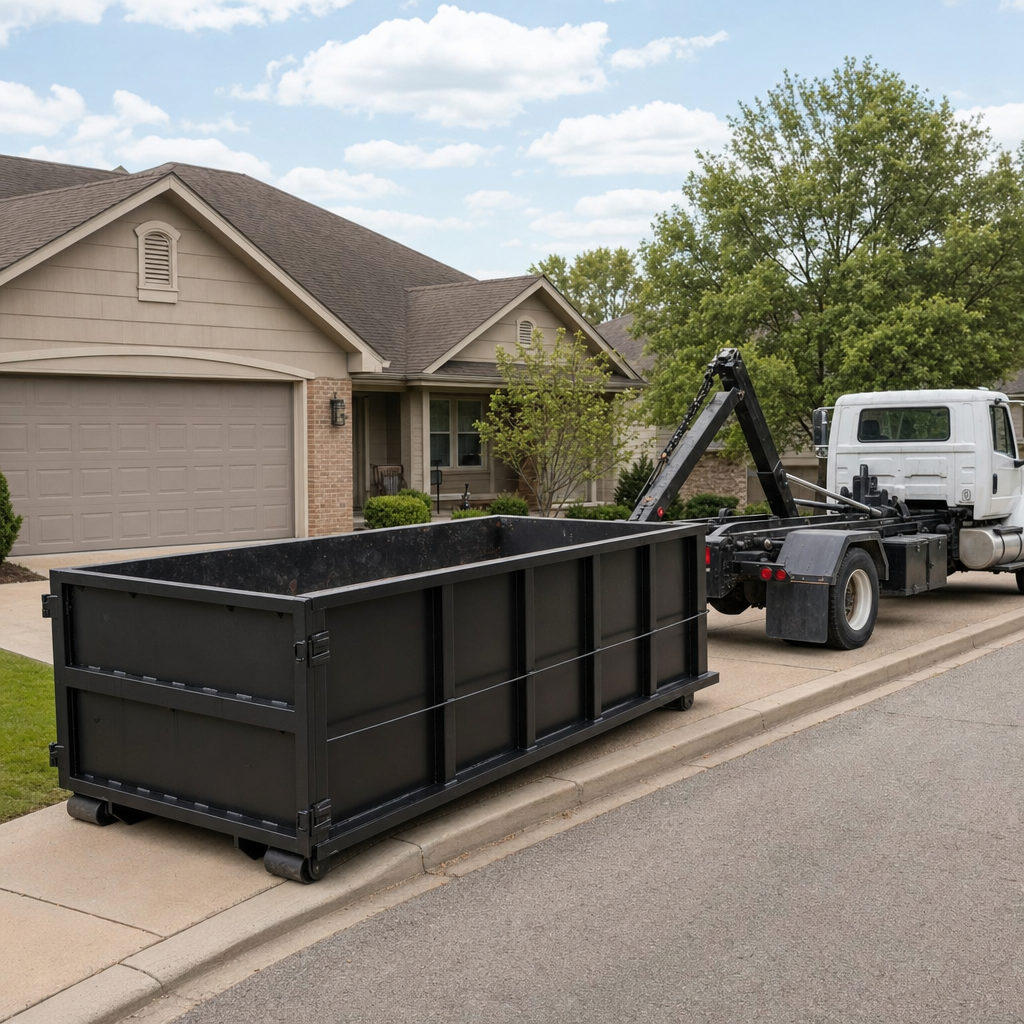 Wide documentary shot of a matte-black roll-off dumpster on a Pomona residential driveway in the foreground and a contractor jobsite container in the soft-focus background, bright daylight, calm and orderly composition.