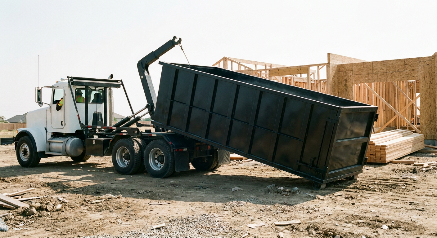 Matte-black roll-off dumpster being delivered onto a clean residential concrete driveway in Pomona by an unmarked white hooklift hauler truck, bright morning daylight, documentary 35mm perspective.